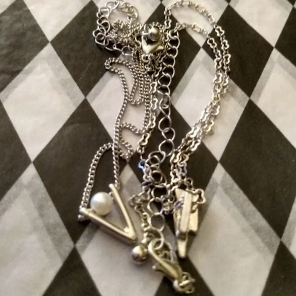 KOHL'S 2pc SET Silver Crystal Lightning Bolt + V Shape Pearl Girls Necklaces~NEW